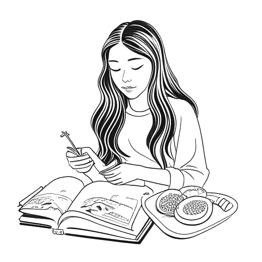Dibujo de arte lineal de una chica, representando a Gabriela Bee, comiendo sushi, con un libro sobre espiritualidad cerca
