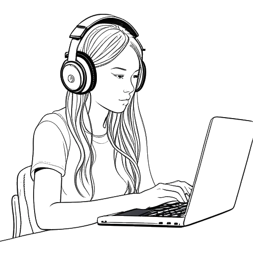 Desenho em arte linear de uma garota, representando Gabriela Bee, sentada em frente a um computador com um headset