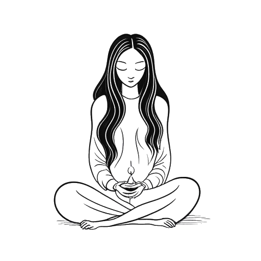 Desenho em arte linear de uma garota, representando Gabriela Bee, meditando com uma vela