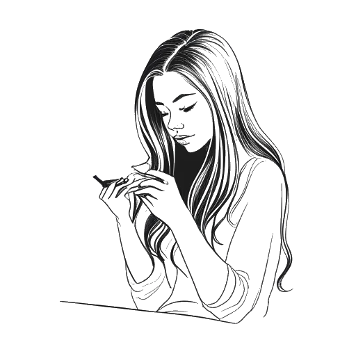 Line art drawing of a girl, representing Gabriela Bee, painting her nails