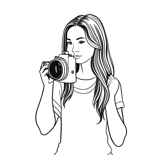 Desenho em arte linear de uma garota, representando Gabriela Bee, segurando uma câmera