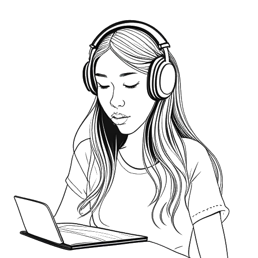 Dibujo de arte lineal de una chica, representando a Gabriela Bee, estudiando con auriculares