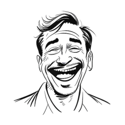 Strichkartendarstellung von Funny Marco, die einen Mann in einem Moment des Lachens zeigt, der auf eine Erleuchtung hinweist, vor einem weißen Hintergrund.