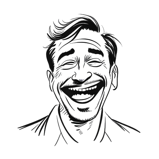 Line art representation of Funny Marco, displaying a man in a moment of laughter indicative of an epiphany, against a white backdrop.