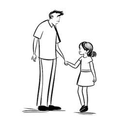 Line art imagery of Funny Marco as a content man in a fatherly pose holding hands with his daughter, providing a snapshot of bonding, isolated on a white ground.