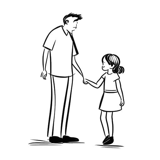 Lijn kunstafbeelding van Funny Marco als een tevreden man in een vaderlijke pose die hand in hand loopt met zijn dochter, een moment van bonding weergevend, geïsoleerd op een witte achtergrond.