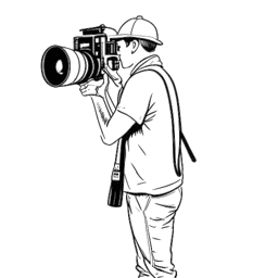 Line art representation of Funny Marco as a man with a camera filming engaging street activities, set against a white backdrop.