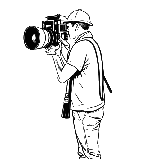 Lijn kunstafbeelding van Funny Marco als een man met een camera die boeiende straatactiviteiten filmt, tegen een witte achtergrond.