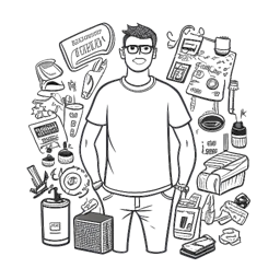 Line art depiction of Funny Marco represented as an entrepreneurial man surrounded by merchandise with popular catchphrases, against a white background.