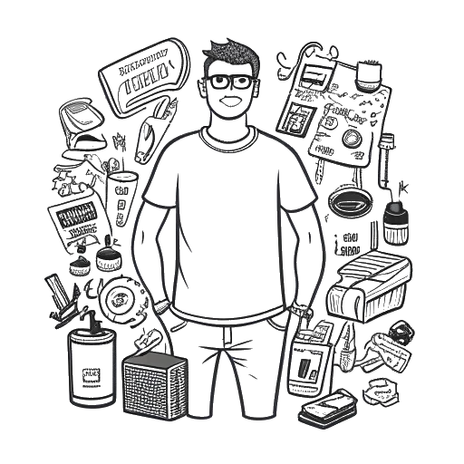 Line art depiction of Funny Marco represented as an entrepreneurial man surrounded by merchandise with popular catchphrases, against a white background.