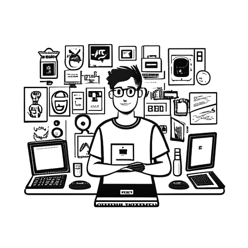 Desenho em arte linear de um homem representando Funny Marco, na frente de um monitor exibindo símbolos de mídia social, mercadoria de marca e um clapboard de produção da Netflix, em um pano de fundo simples.