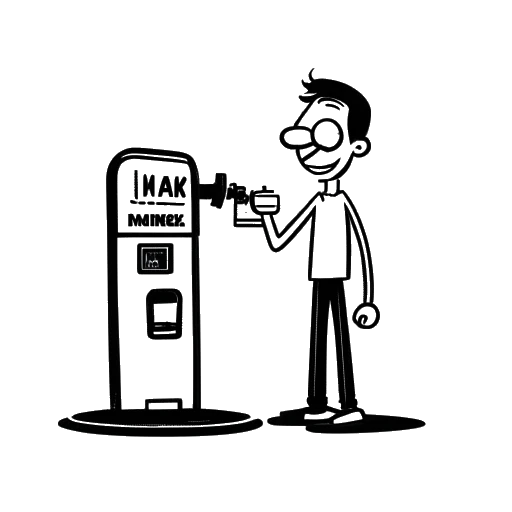 Dibujo de arte lineal de un hombre, que representa a Funny Marco, sosteniendo una boquilla de bomba de gasolina, con 'Funny Marco' y 'gasolinera' escritos arriba.