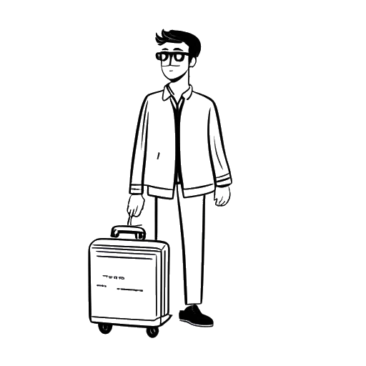 Dibujo de arte lineal de un hombre, que representa a Funny Marco, sosteniendo una maleta con 'Atlanta' escrito en ella, con 'Hace 4 años' escrito debajo.