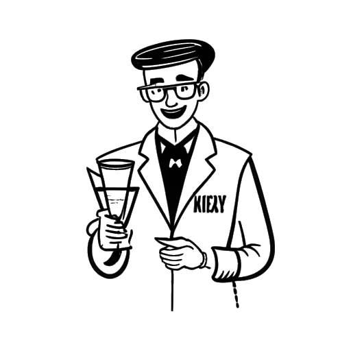 Disegno lineare di un uomo, rappresentante Funny Marco, che tiene uno shaker per cocktail e un bicchiere, con scritto 'Kansas City' sotto.