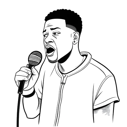 Line drawing of a man, representing Funny Marco, holding a microphone, with 'caution' and 'respect' around and 'Boosie Badazz' in a speech bubble above.