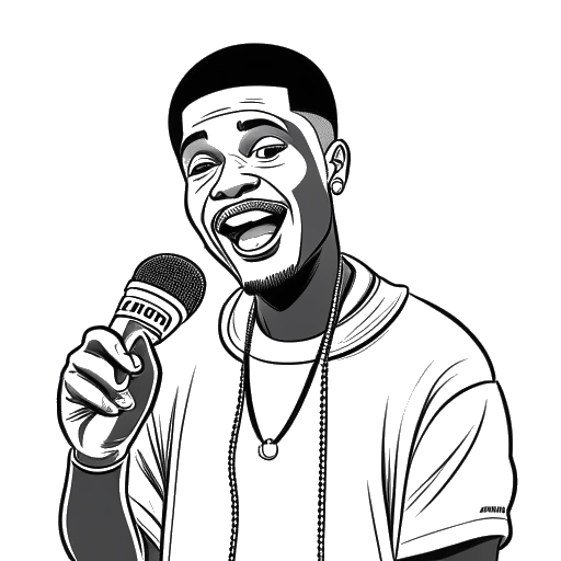 Line drawing of a man, representing Funny Marco, holding a microphone, with 'Boosie Badazz', 'GloRilla', and 'Lil Duval' in speech bubbles around.