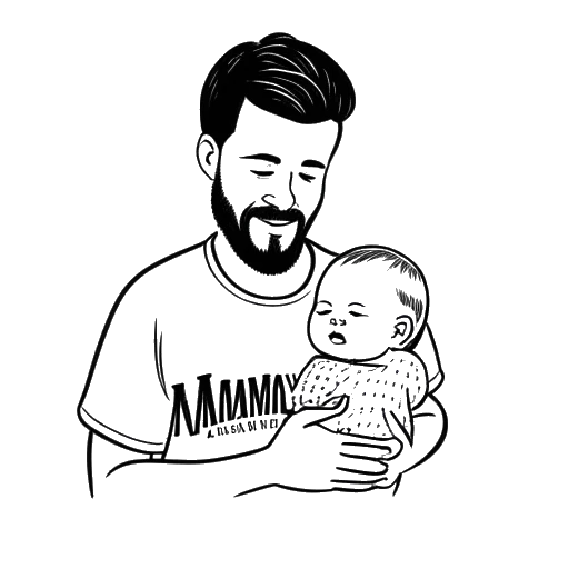 Dibujo de arte lineal de un hombre, que representa a Funny Marco, sosteniendo un bebé, con 'Millan Summers' escrito abajo.