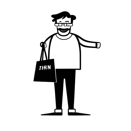Line art drawing of a man, representing Funny Marco, holding a shopping bag with a logo on it, with 'funnymarcomerch.com' written below.