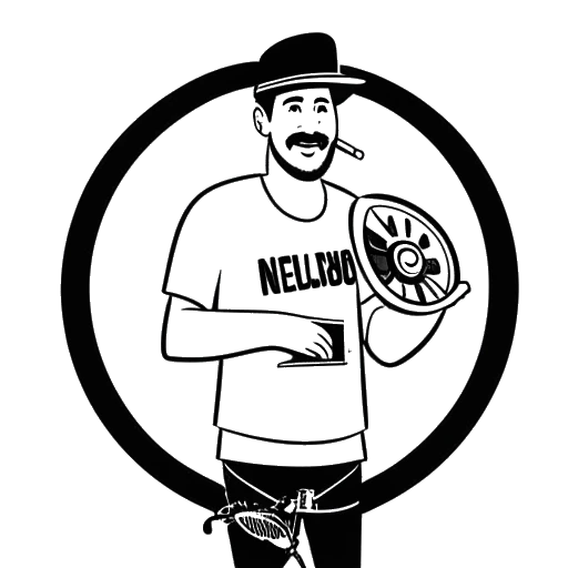 Desenho artístico de um homem, representando o Funny Marco, segurando um carretel de filme com o logo da Netflix, com 'Los Angeles' escrito abaixo.