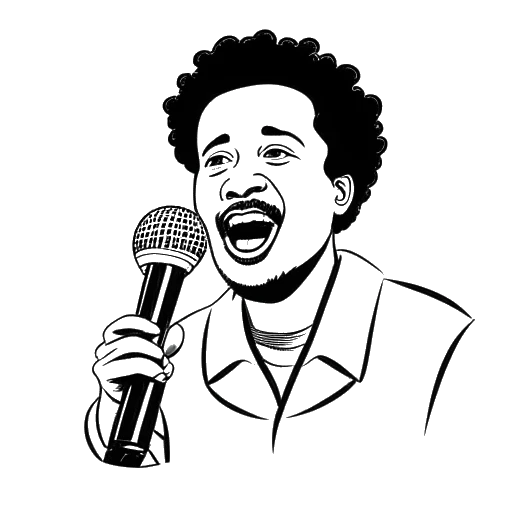 Dibujo de arte lineal de un hombre, que representa a Funny Marco, sosteniendo un micrófono, con 'Orlando Brown' escrito en un globo de diálogo arriba.
