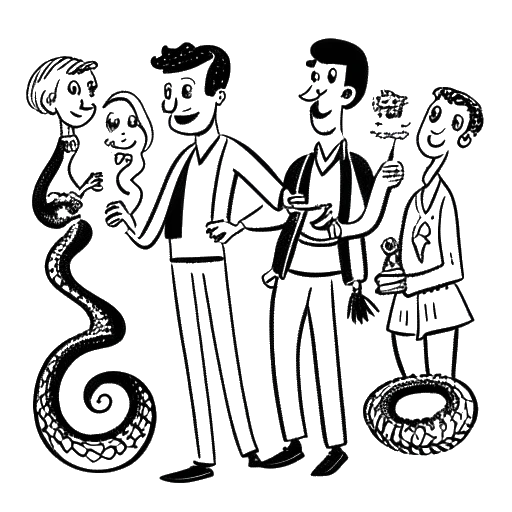 Line art drawing of a man, representing Funny Marco, holding a fake snake, with 'friends', 'family', and 'bystanders' written in speech bubbles around him.