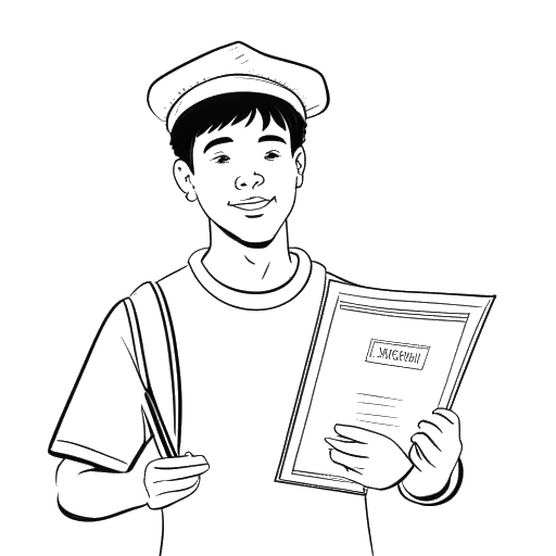 Line art drawing of a young man, representing Funny Marco, in a graduation cap holding a report card and a small bag of marijuana.