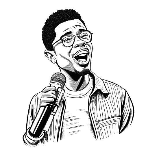 Strichzeichnung eines Mannes, der Funny Marco darstellt, der ein Mikrofon hält, mit den Aufschriften 'Desi Banks', 'DC Young Fly' und 'Stand-up-Comedy' um ihn herum.