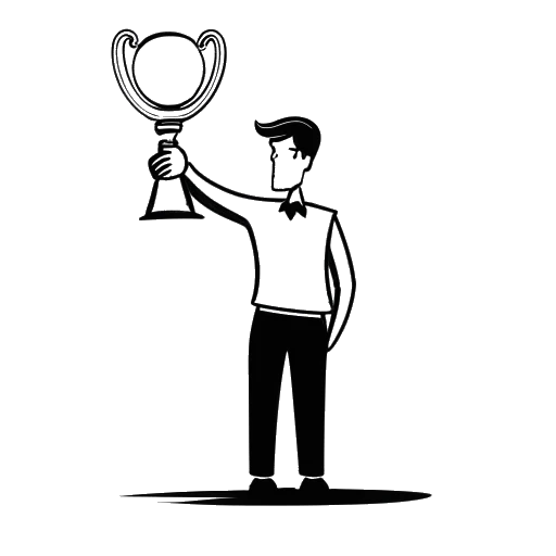 Line art drawing of a man, representing Funny Marco, holding a star trophy with '28th' written on it.