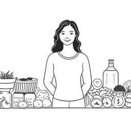 Line art drawing of a woman, representing Pamela Reif, proudly displaying a variety of healthy food products, indicating her food entrepreneurship against a white backdrop.