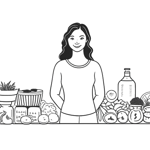 Line art drawing of a woman, representing Pamela Reif, proudly displaying a variety of healthy food products, indicating her food entrepreneurship against a white backdrop.