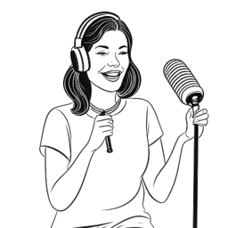Line art drawing of a woman, representing Pamela Reif, sitting confidently behind a microphone, with a gavel in hand symbolizing her legal victories, against a white backdrop.