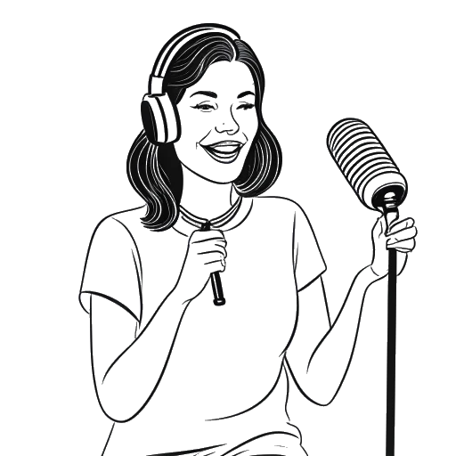 Line art drawing of a woman, representing Pamela Reif, sitting confidently behind a microphone, with a gavel in hand symbolizing her legal victories, against a white backdrop.
