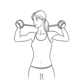 Line art drawing of a woman, representing Pamela Reif, engaged in fitness workout, holding dumbbells against a white backdrop.