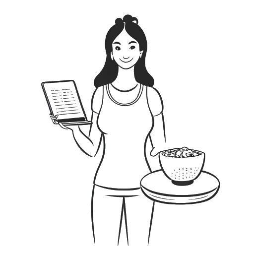 Line art drawing of a fit woman, representing Pamela Reif, holding a weight and a cookbook, in front of a computer screen that displays a popular social media site, all against a white backdrop