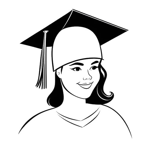 Line art drawing of a woman, representing Pamela Reif, wearing a graduation cap and holding a diploma, symbolizing her academic success