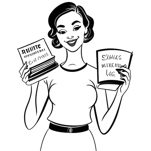 Line art drawing of a woman, representing Pamela Reif, holding two cookbooks, titled 'Strong & Beautiful' and 'You Deserve This'
