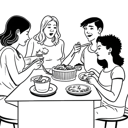 Line art drawing of a young woman, representing Pamela Reif, eating with a golden spoon, surrounded by supportive family members