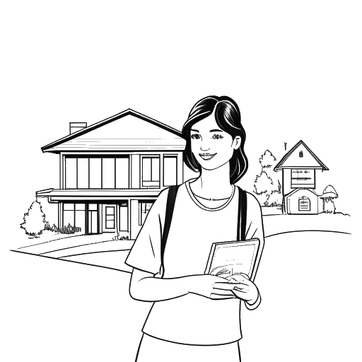 Line art drawing of a woman, representing Pamela Reif, holding a blueprint, with images of holiday homes and vacation regions in the background