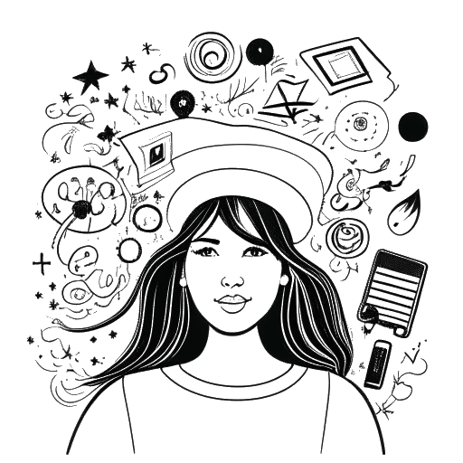 Strichzeichnung einer Frau, die Pamela Reif repräsentiert, mit einem Doktorhut und zahlreichen Social-Media-Symbolen, die um sie herum wirbeln
