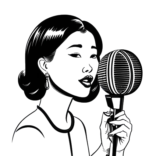 Line art drawing of a woman, representing Pamela Reif, speaking into a microphone, with Chinese characters and a globe in the background
