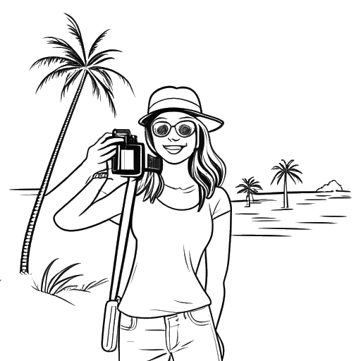 Line art drawing of a woman, representing Pamela Reif, holding a camera and a selfie stick, with a tropical island and palm trees in the background