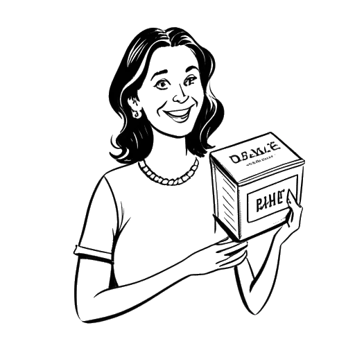 Strichzeichnung einer Frau, die Pamela Reif repräsentiert, mit einer Box 'Hafer Riegel'-Riegeln in der Hand und dem sichtbaren Naturally Pam-Logo