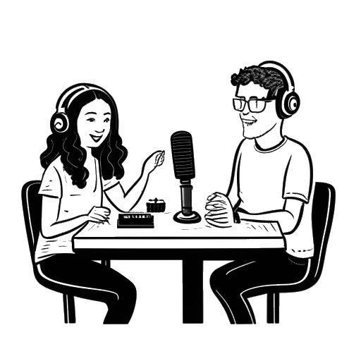 Line art drawing of a woman and her brother, representing Pamela Reif and Dennis, sitting at a table with microphones, with the 'Schaumermal' podcast logo in the background