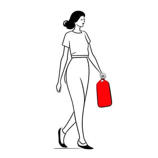 Line art drawing of a woman, representing Pamela Reif, walking on a red carpet, holding a water bottle and a gym bag