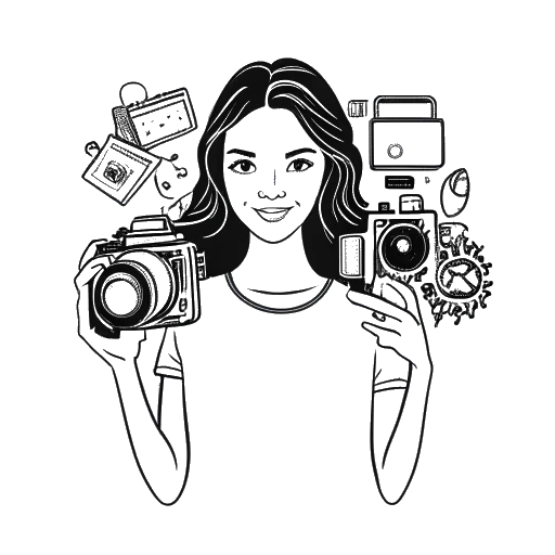 Line art drawing of a woman, representing Pamela Reif, holding a camera, with numerous video play icons and a YouTube logo in the background