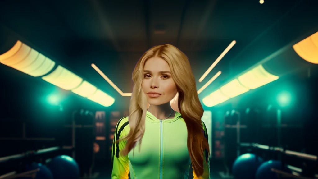 Portrait of Pamela Reif in a track suite standing in a futuristic gym
