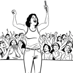 Lijnart-tekening van een vrouw, die Becky Lynch vertegenwoordigt, met een microfoon en vastberadenheid uitstralend, staand in een worstelring omringd door juichende fans.