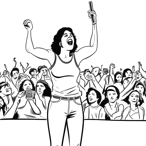 Desenho em arte linear de uma mulher, representando Becky Lynch, segurando um microfone e exalando determinação, em pé em um ringue de luta cercada por fãs animados.