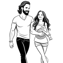 Line art drawing of Becky Lynch and Seth Rollins, a happy couple, holding hands, with a baby carriage beside them.