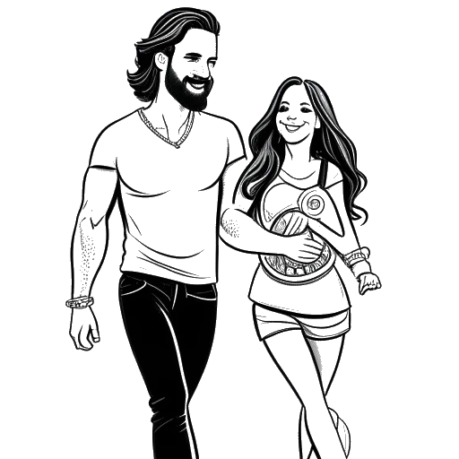 Line art drawing of Becky Lynch and Seth Rollins, a happy couple, holding hands, with a baby carriage beside them.